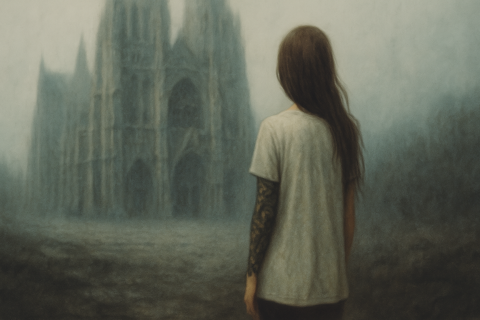 Vae Bataille facing a cathedral-like structure in a mist-filled landscape.
