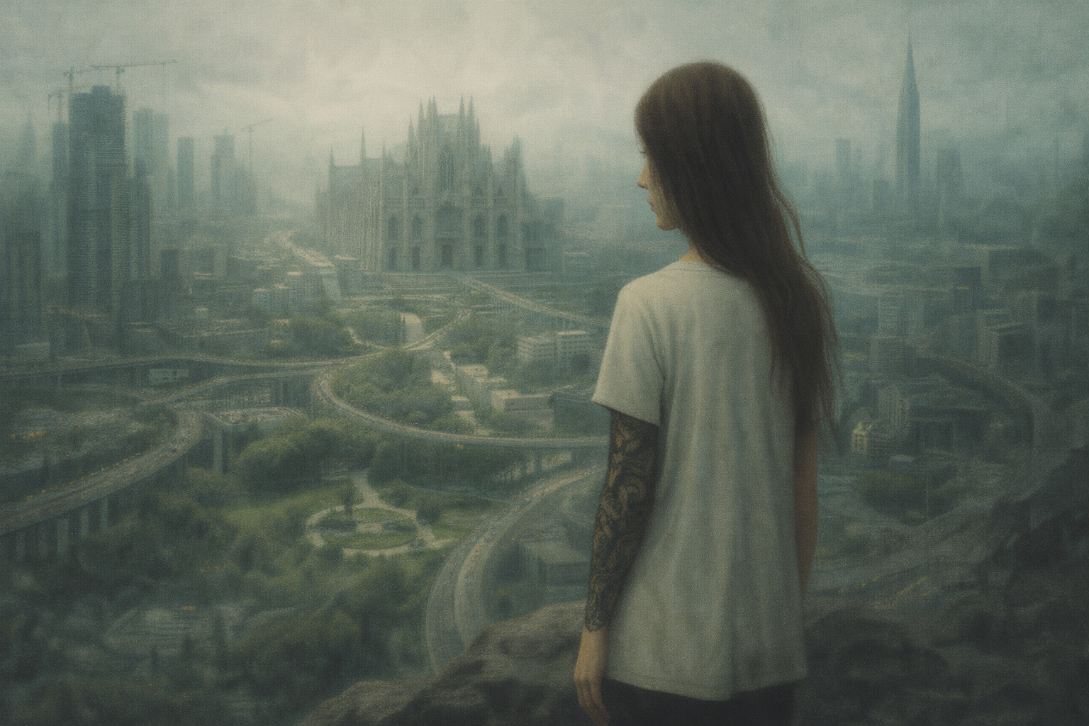 Vae Bataille overlooking a surreal cityscape and cathedral-like structure.