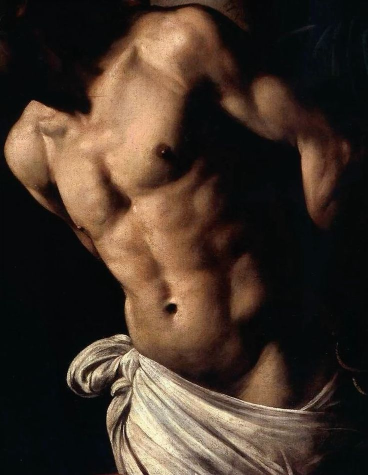 Classical painted study of a nude torso partially wrapped in white cloth.