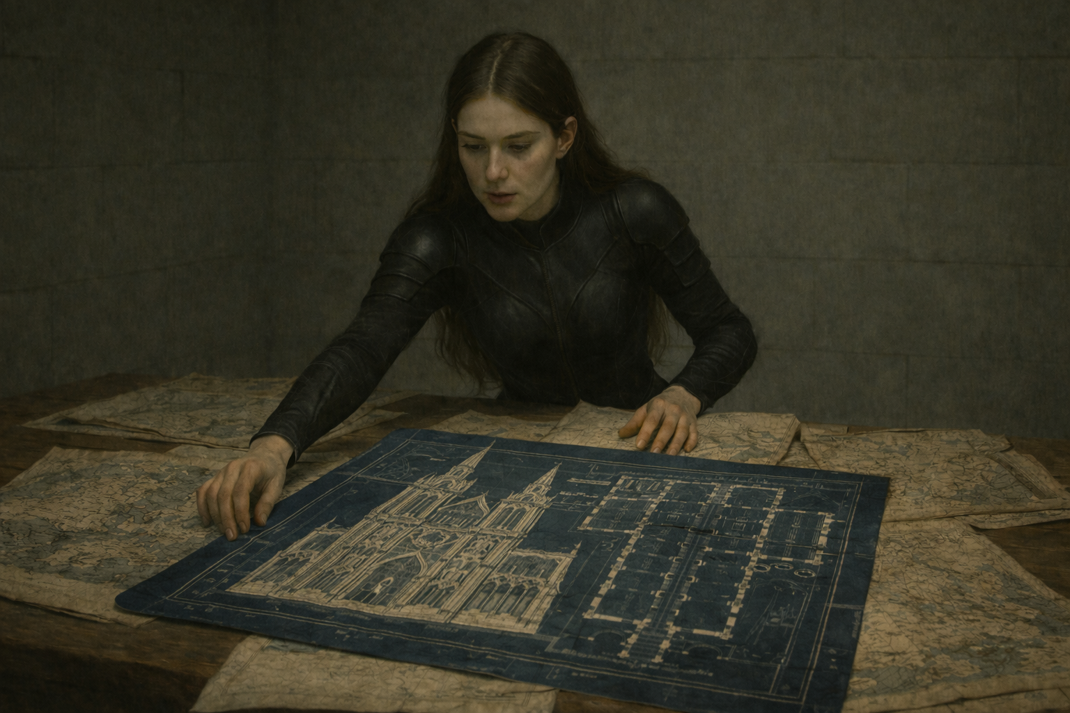 Vae Bataille studying an architectural blueprint across a large table.