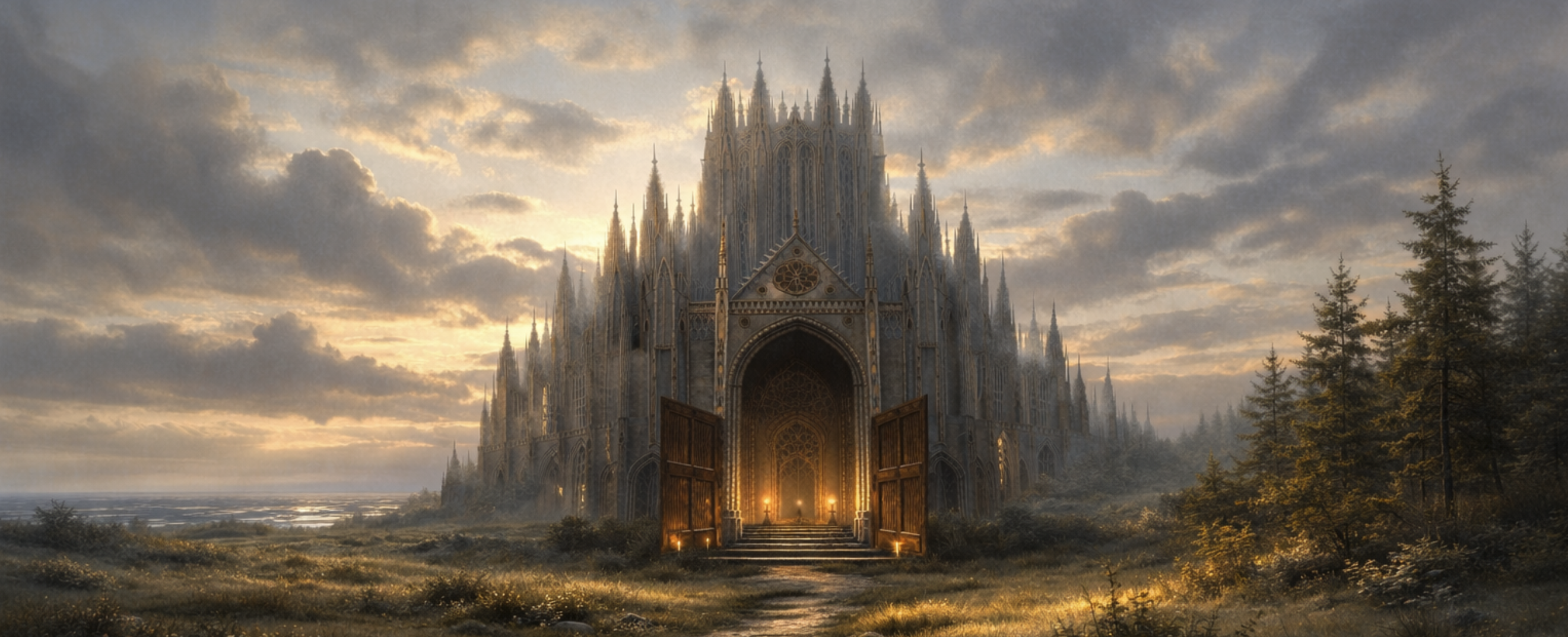 A luminous cathedral-like structure at dusk with its doors open.