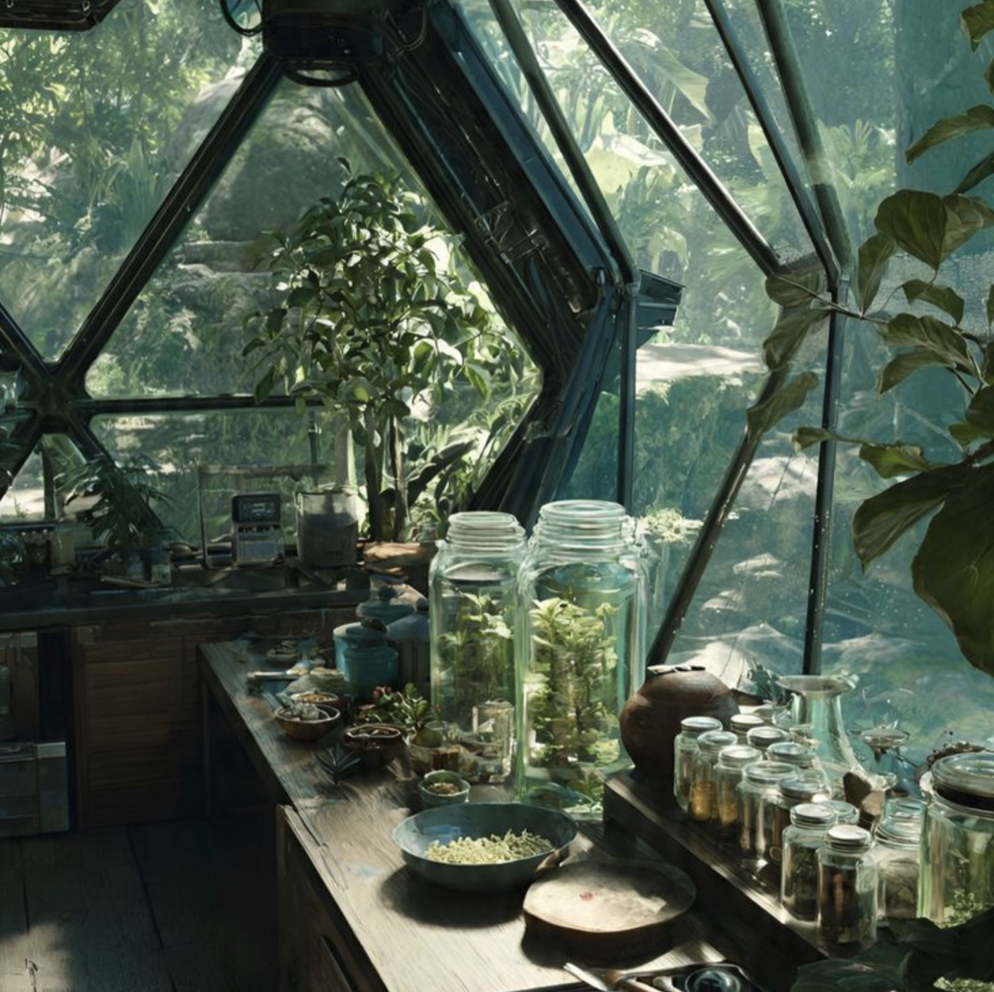 A lush glass greenhouse laboratory filled with plants, jars, and research materials.